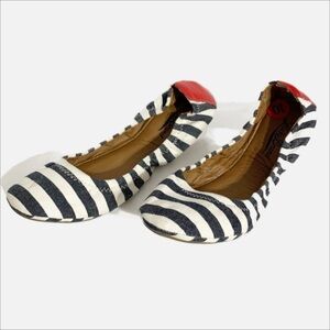 Lucky Brand Striped Canvas Upper Ballerina Flats  Round Toe Elasticized Top Line